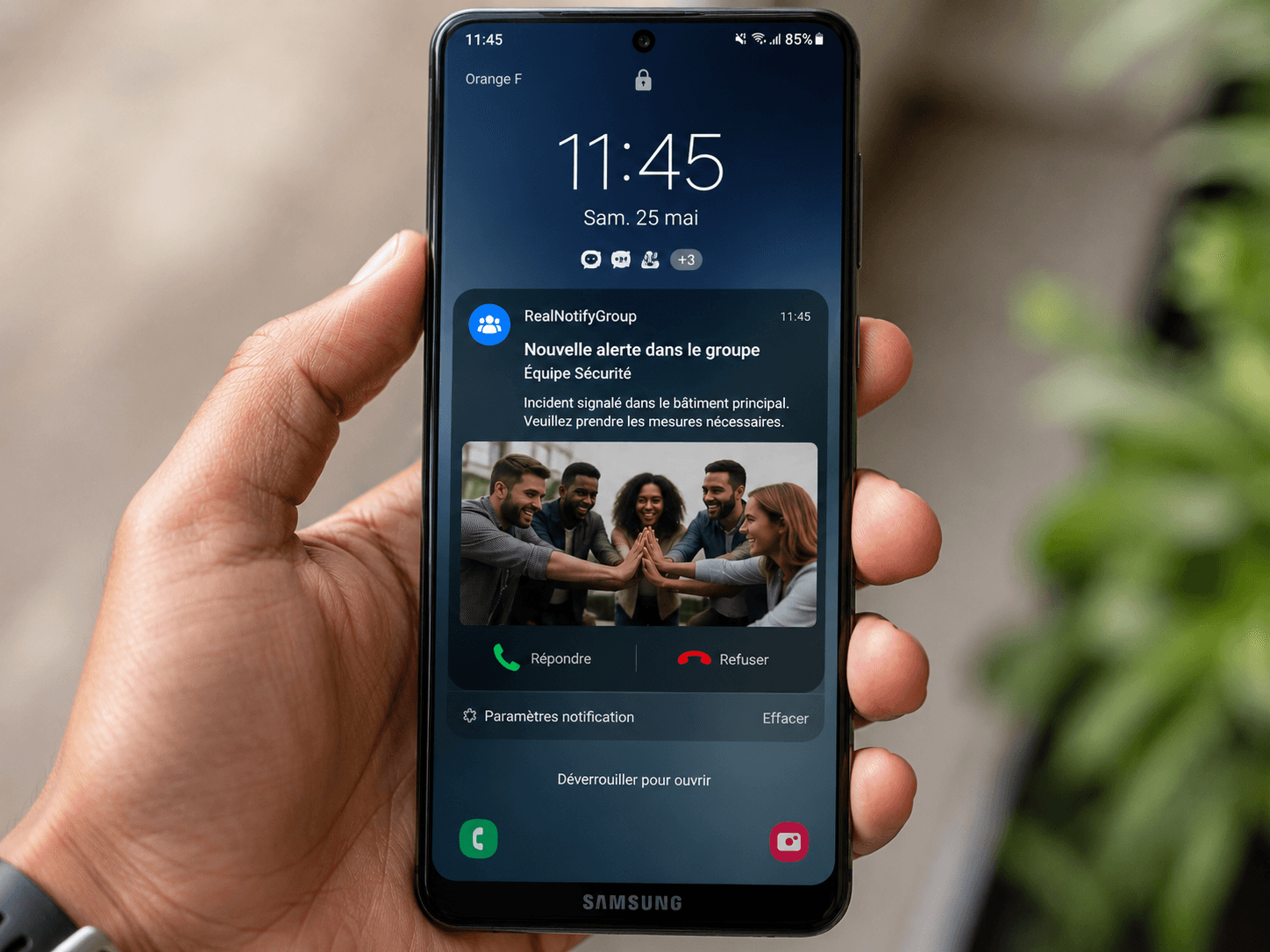 Écran de téléphone affichant une alerte critique entrante de RealNotify Group